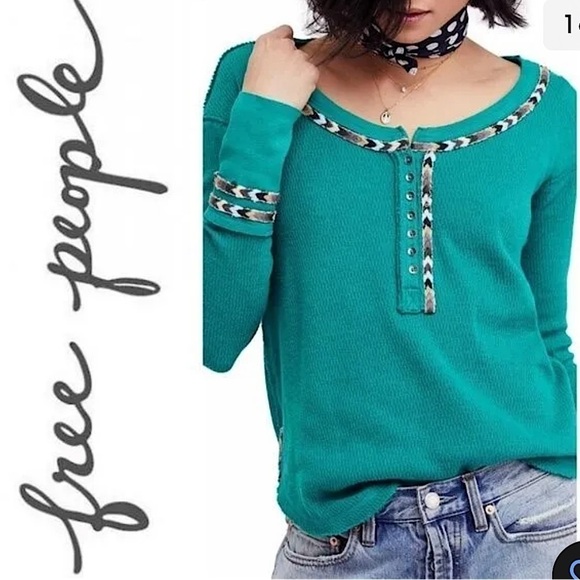 FREE PEOPLE BOHO “We the Free” Soft Henley Green Embroidered Trim TG/ XL - Picture 1 of 9